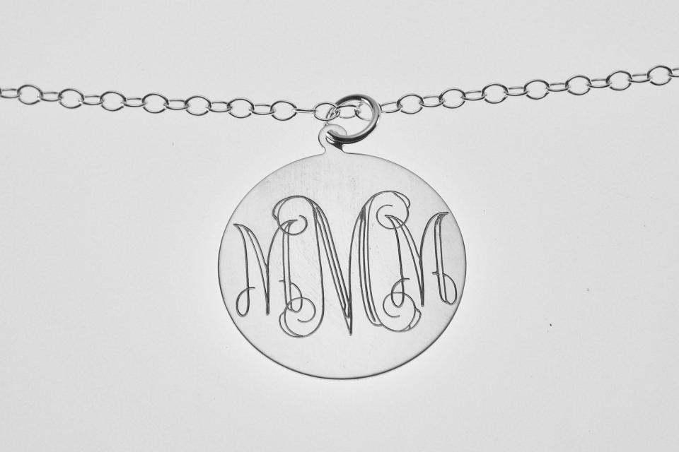 Monogram Jewelry Personalized Custom Engraved Sterling Silver 1 Inch Round Monogram Necklace - Hand Engraved