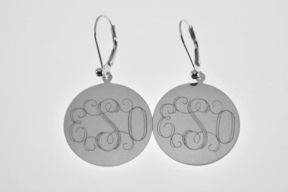 Engraved Monogram Earrings Personalized Sterling Silver One Inch Round Lever Back - Hand Engraved