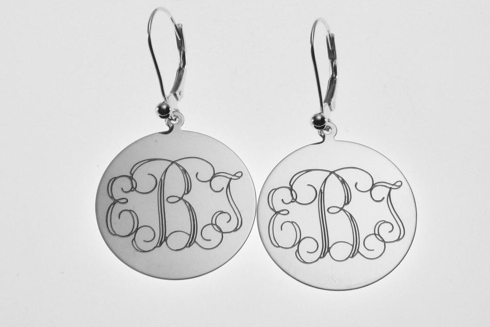Engraved Monogram Earrings Personalized Sterling Silver One Inch Round Lever Back - Hand Engraved