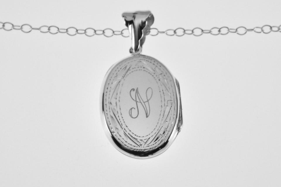Personalized Locket Sterling Silver Custom Engraved Oval Locket 1 Inch with Border - Hand Engraved