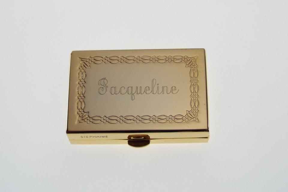 Custom Engraved Personalized Pill Box Small Rectangular Gold Tone With Double Compartment and Mirror  -Hand Engraved