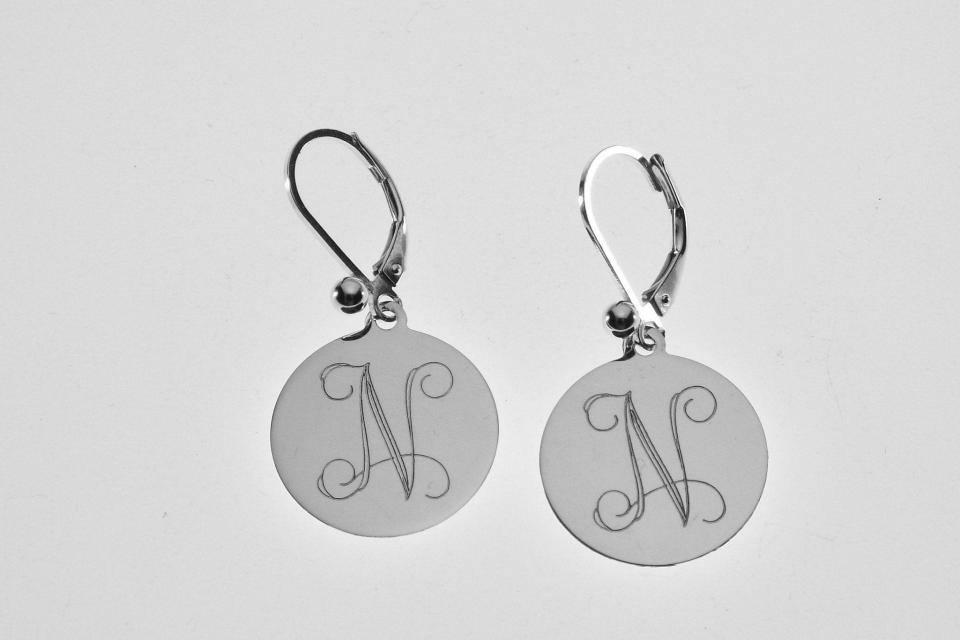 Custom Engraved Monogram Earrings Personalized Small 1/2 Inch Sterling Silver Choose Lever Back or Wires - Hand Engraved