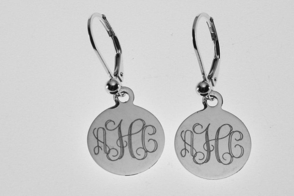 Custom Engraved Monogram Earrings Personalized Small 1/2 Inch Sterling Silver Choose Lever Back or Wires  - Hand Engraved