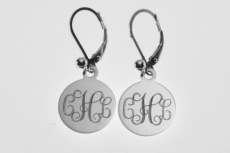 Custom Engraved Monogram Earrings Personalized Small 1/2 Inch Sterling Silver Choose Lever Back or Wires  - Hand Engraved