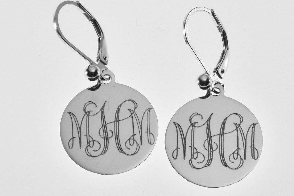 Engraved Monogram Earrings Personalized Sterling Silver 11/16 Inch Disc Choose Lever Back or Wires - Hand Engraved