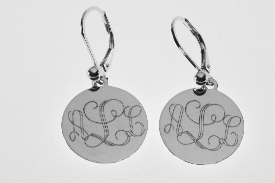 Engraved Monogram Earrings Personalized Sterling Silver 11/16 Inch Disc Choose Lever Back or Wires - Hand Engraved