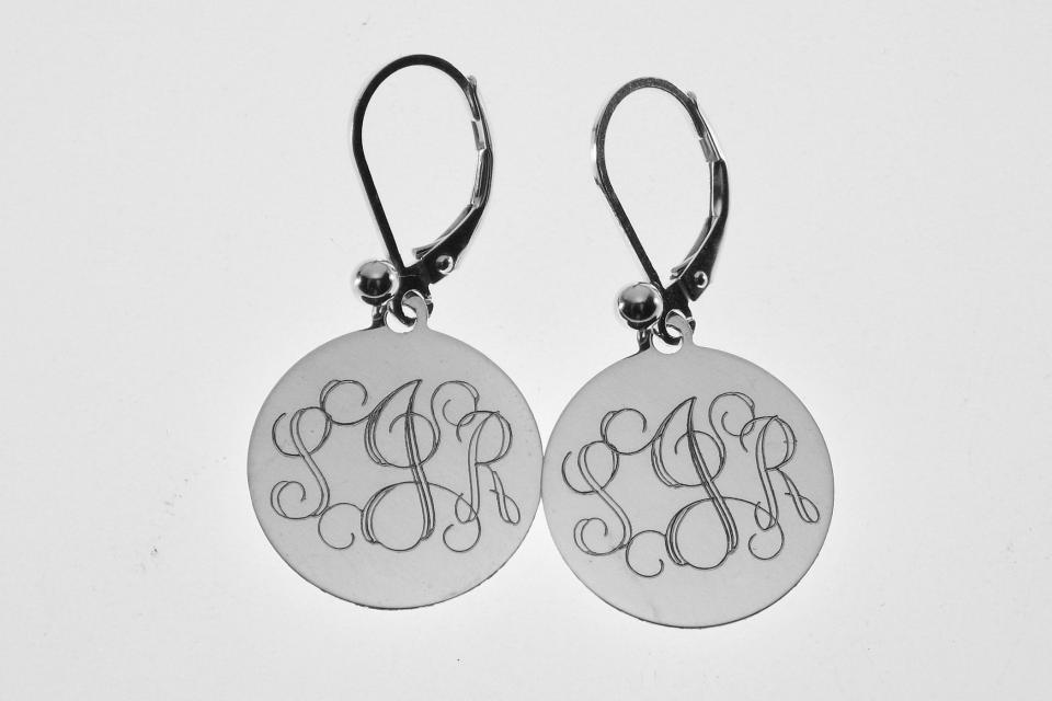 Engraved Monogram Earrings Personalized Sterling Silver 11/16 Inch Disc Choose Lever Back or Wires - Hand Engraved
