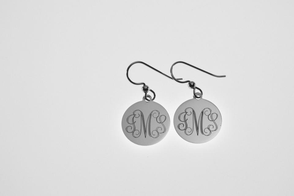 Engraved Monogram Earrings Personalized Sterling Silver 11/16 Inch Disc Choose Lever Back or Wires - Hand Engraved