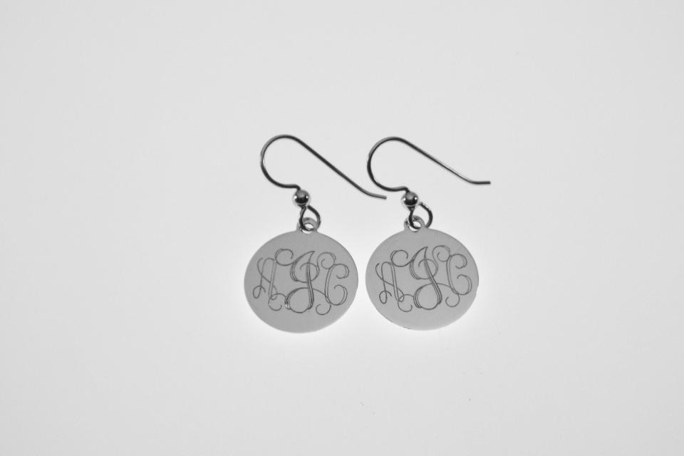 Engraved Monogram Earrings Personalized Sterling Silver 11/16 Inch Disc Choose Lever Back or Wires - Hand Engraved