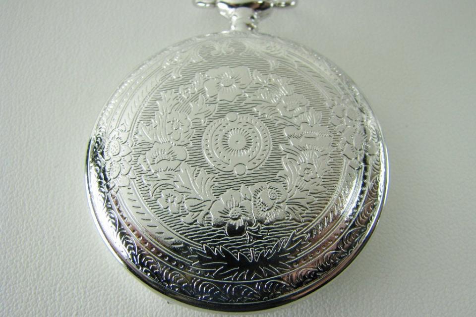 Pocket Watch Custom Engraved Personalized Quartz Watch with Vertical Stripes and Oval Crest - Hand Engraved