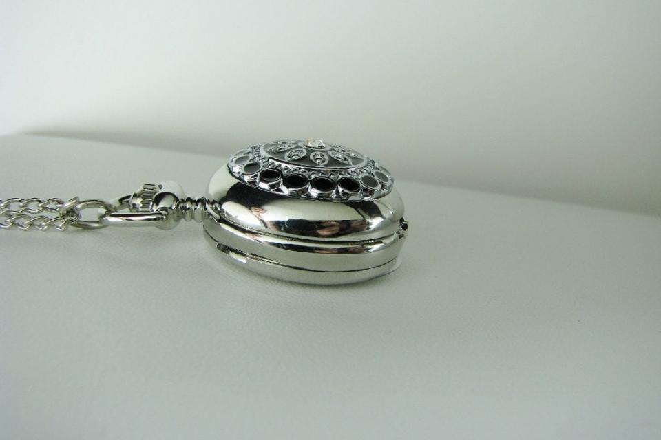 Personalized Pendant Watch Custom Engraved Necklace Watch Black Enamel and Crystals - Hand Engraved