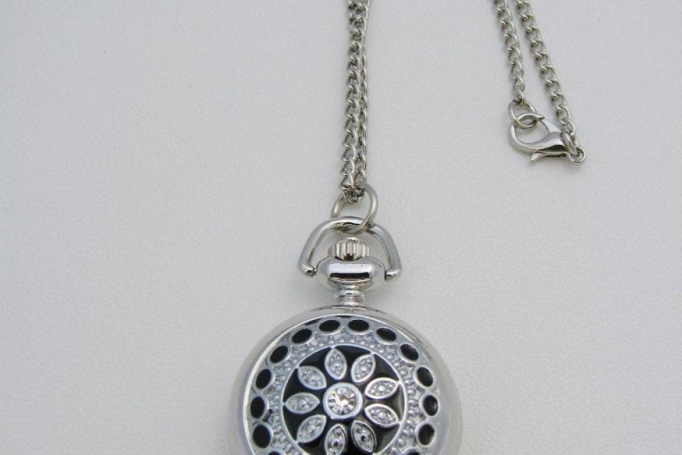 Personalized Pendant Watch Custom Engraved Necklace Watch Black Enamel and Crystals - Hand Engraved