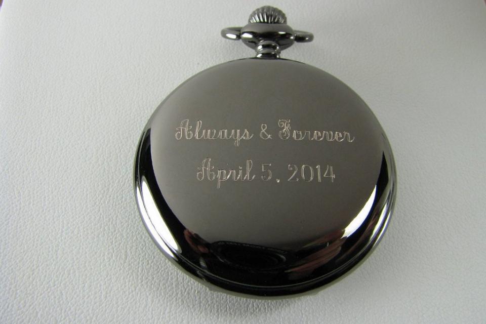 Personalized Pocket Watch Custom Engraved Gloss Black Quartz Pocket Watch with White Dial - Hand Engraved