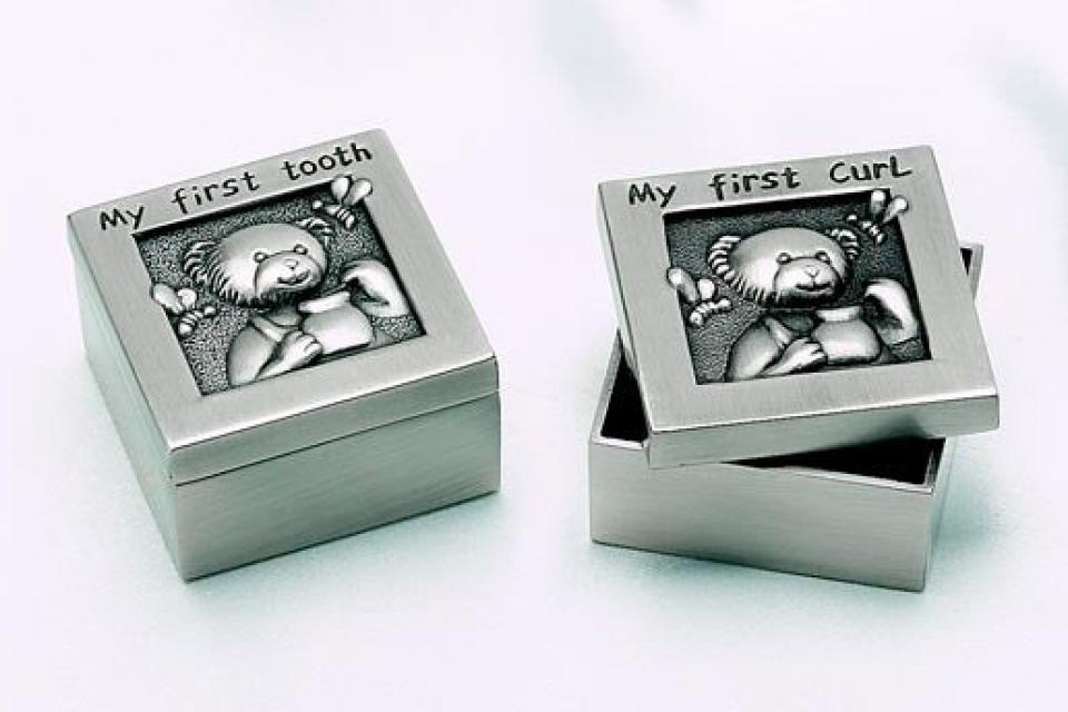 Baby Gift Custom Engraved Personalized Pewter Finish First Tooth and First Curl Keepsake Boxes - Hand Engraved