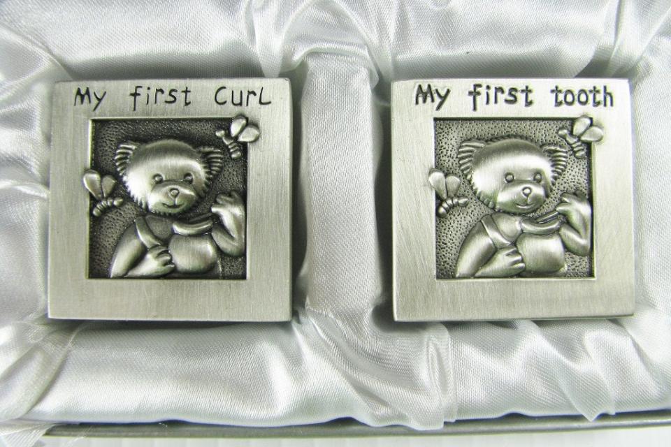 Baby Gift Custom Engraved Personalized Pewter Finish First Tooth and First Curl Keepsake Boxes - Hand Engraved