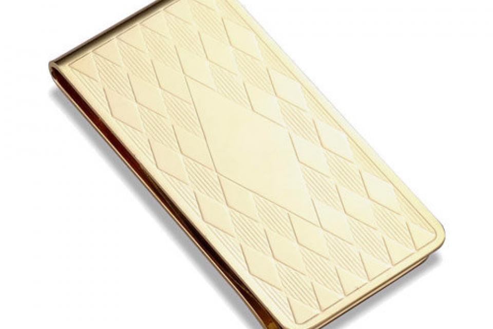 Custom Engraved Personalized Money Clip Gold Plated Diamond Pattern - Hand Engraved