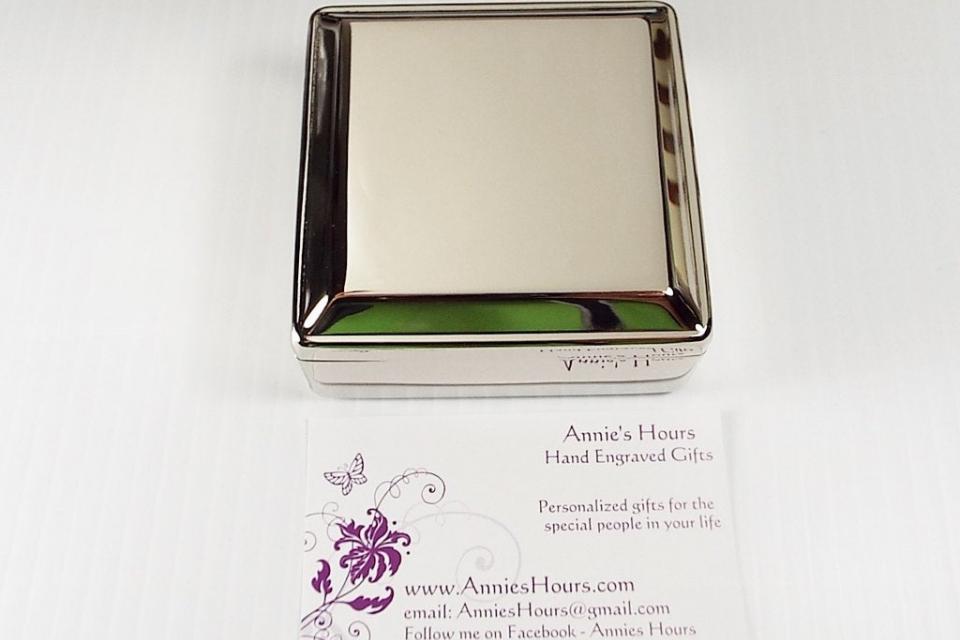 Custom Engraved Jewelry Box High Polish Square Silver Trinket Box - Hand Engraved