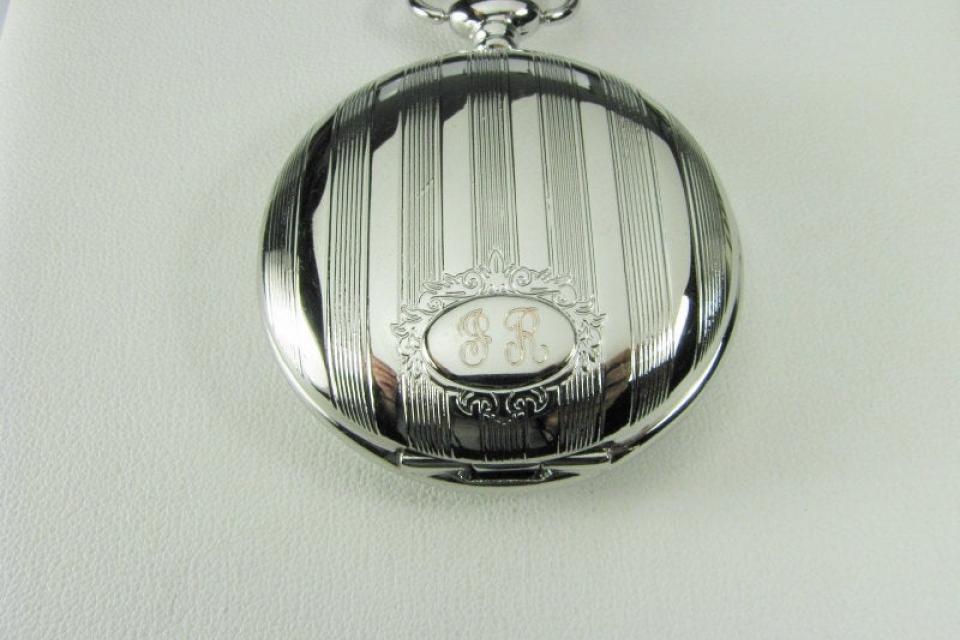 Pocket Watch Custom Engraved Personalized Quartz Watch with Vertical Stripes and Oval Crest - Hand Engraved