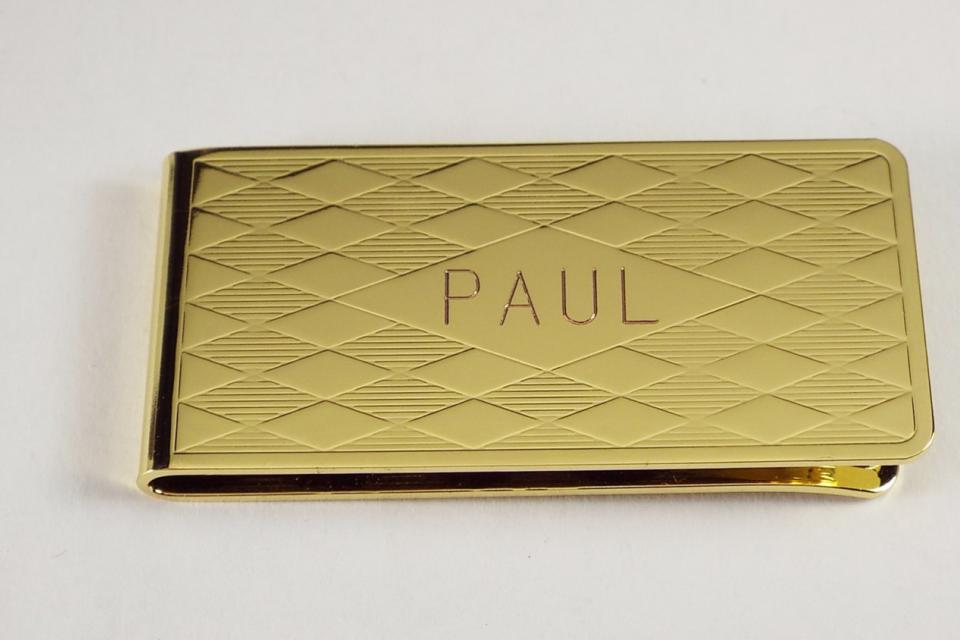 Custom Engraved Personalized Money Clip Gold Plated Diamond Pattern  - Hand Engraved