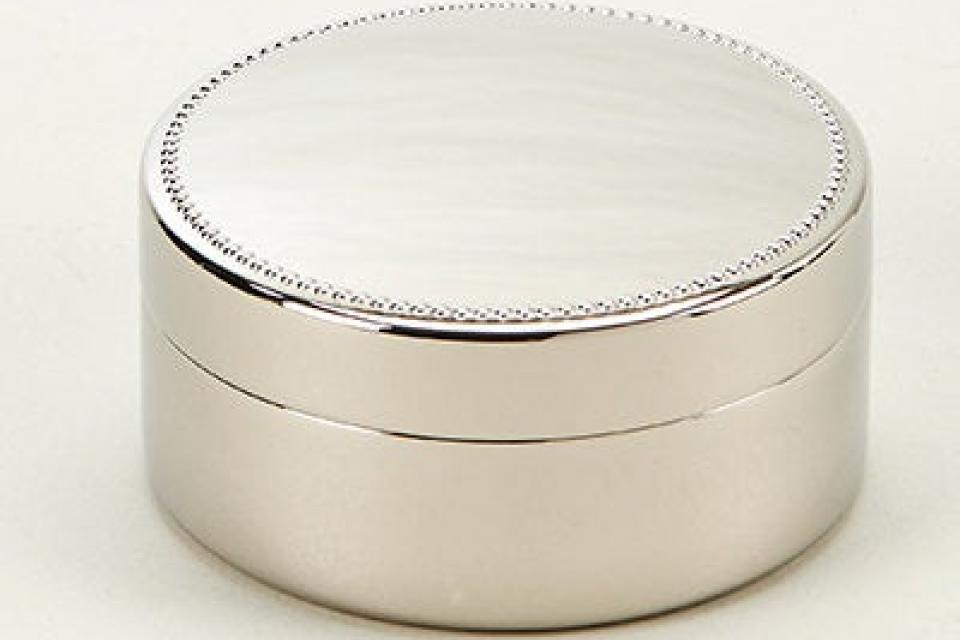 Custom Engraved Personalized Silver Round Jewelry Box with Beaded Trim - Hand Engraved