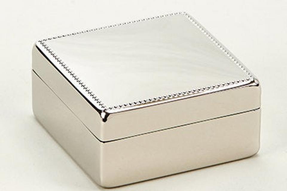 Custom Engraved Personalized Silver Square Jewelry Box with Beaded Trim - Hand Engraved