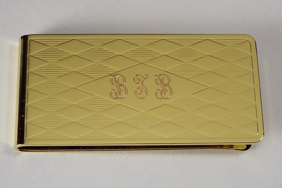 Custom Engraved Personalized Money Clip Gold Plated Diamond Pattern - Hand Engraved