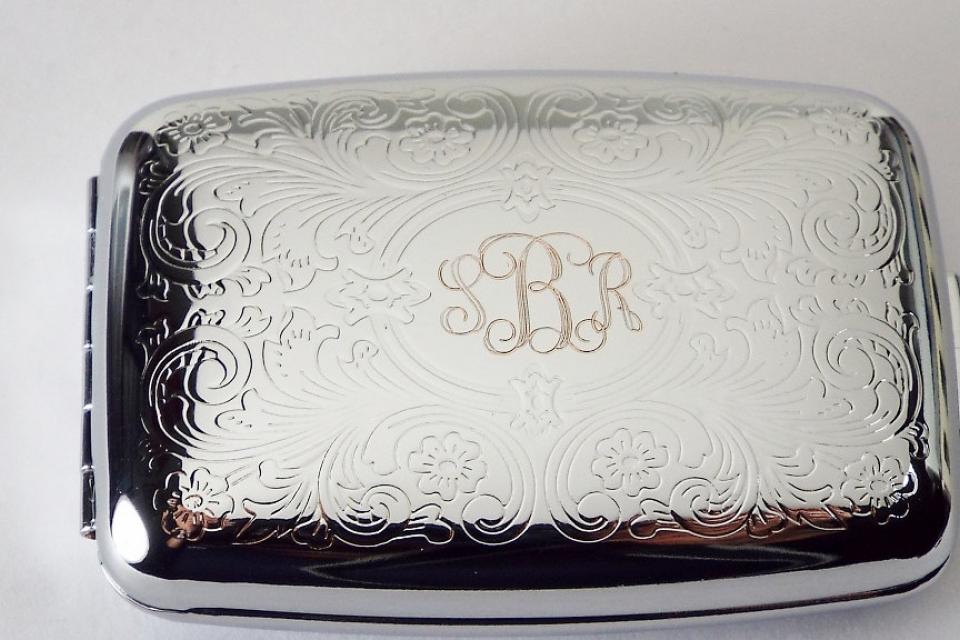 Custom Engraved Pill Box Personalized Scroll Design Silver Two Roomy Compartments -Hand Engraved