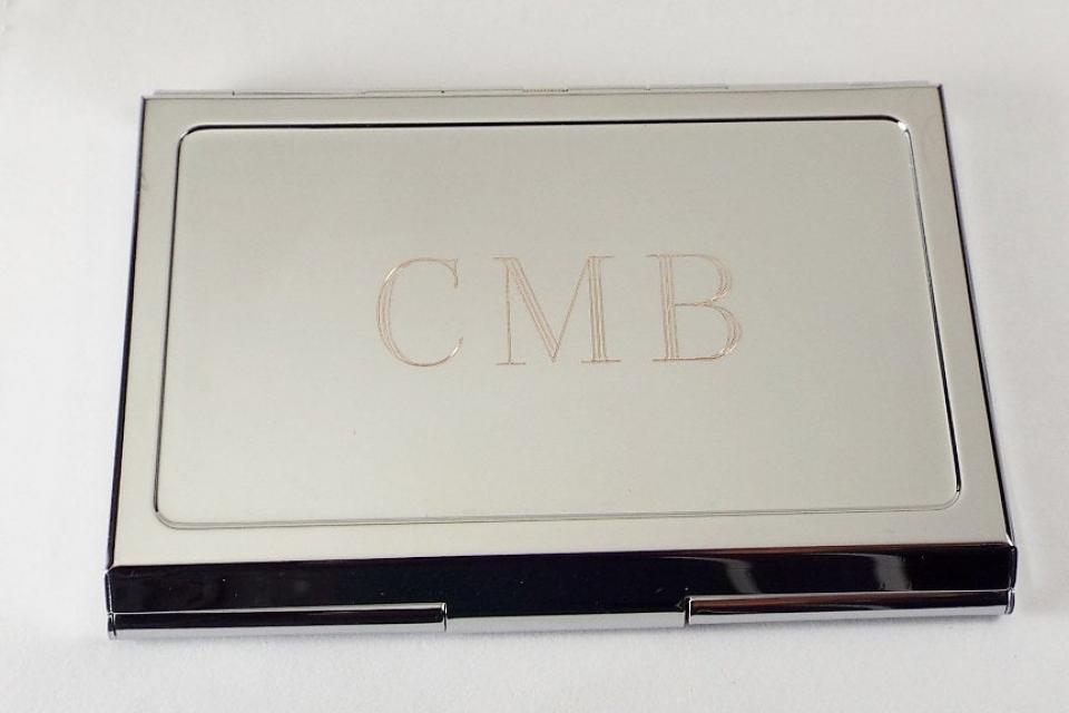 Custom Engraved Personalized Chrome Plated Business Card Holder -Hand Engraved