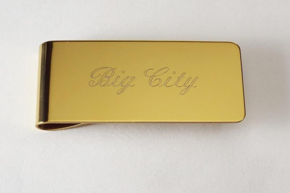 Custom Engraved Personalized Money Clip Gold Tone High Polish Wide  - Hand Engraved