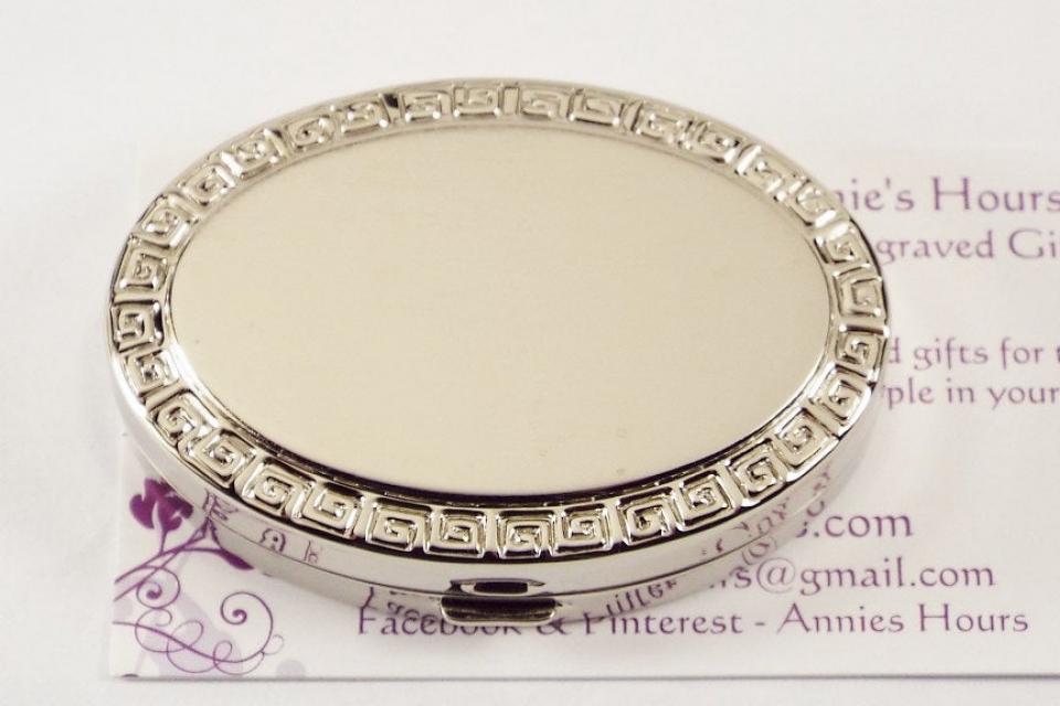 Custom Engraved Pill Box Personalized Silver Oval with Greek Key Design Mirror and Removable Divider  -Hand Engraved