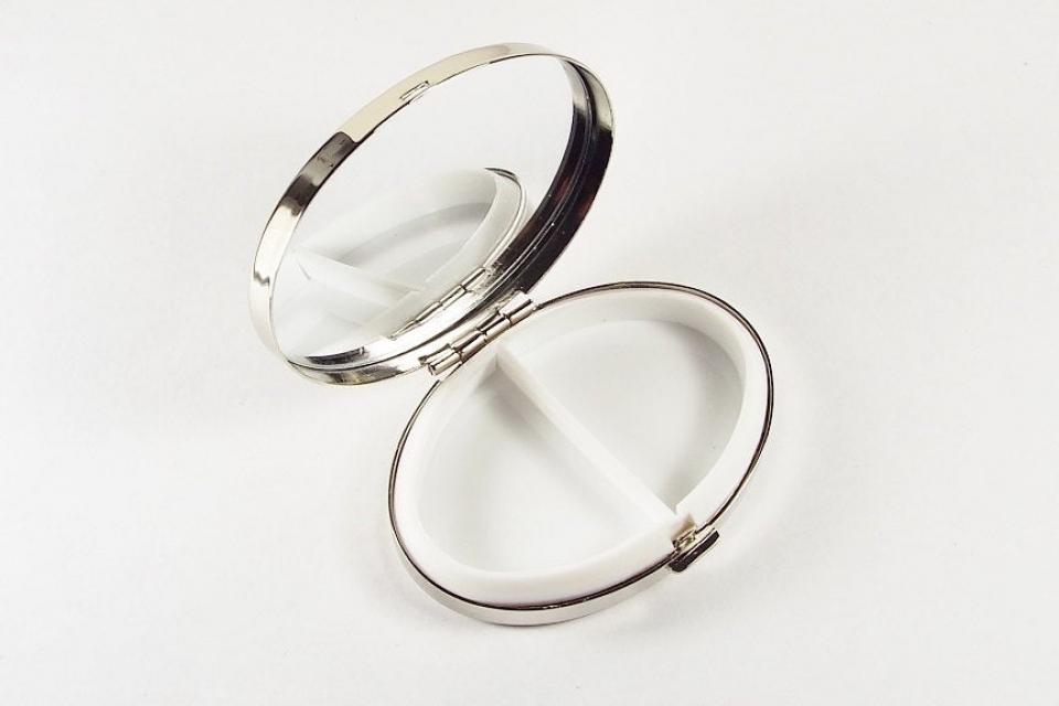 Custom Engraved Pill Box Personalized Silver Oval with Greek Key Design Mirror and Removable Divider -Hand Engraved