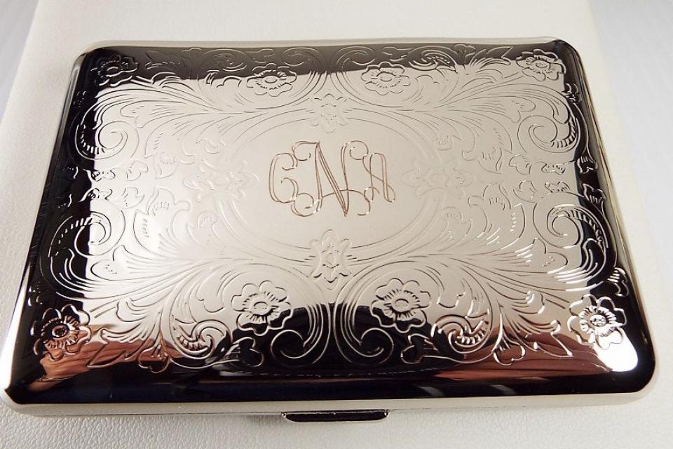 Custom Engraved Personalized Business Card Case or Kings Cigarette Case Double Sided Scroll Design -Hand Engraved