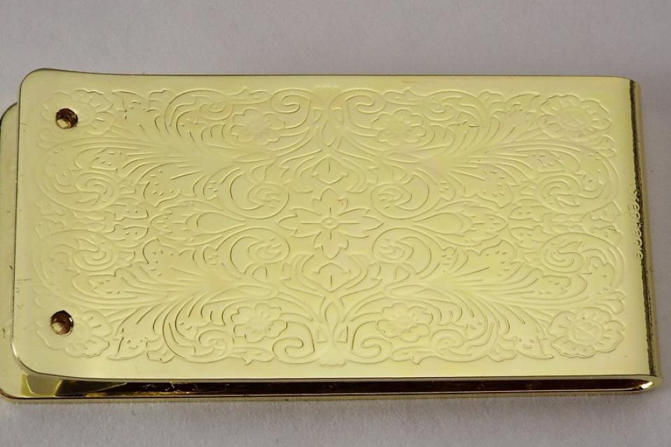 Custom Engraved Money Clip Personalized Gold Tone with Scroll Design -Hand Engraved