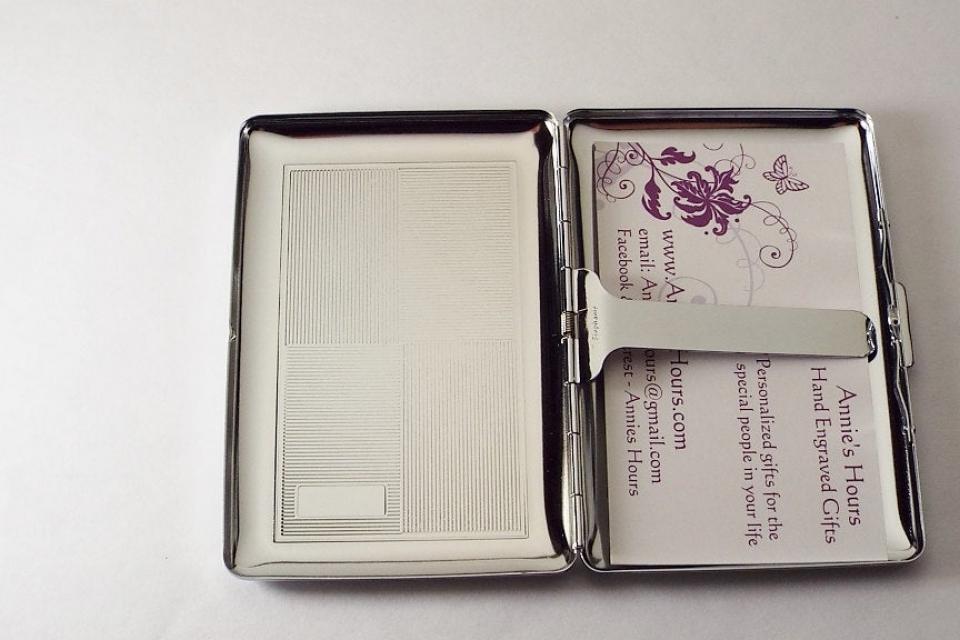 Business Card Case Custom Engraved Personalized Silver Checkerboard Design -Hand Engraved