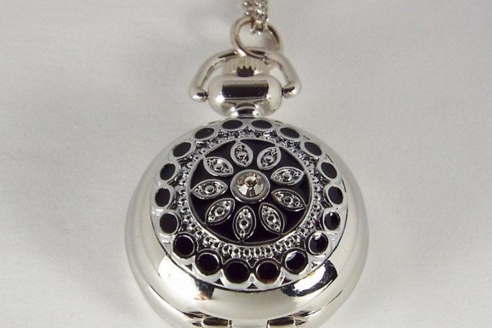 Personalized Pendant Watch Custom Engraved Necklace Watch Black Enamel and Crystals - Hand Engraved