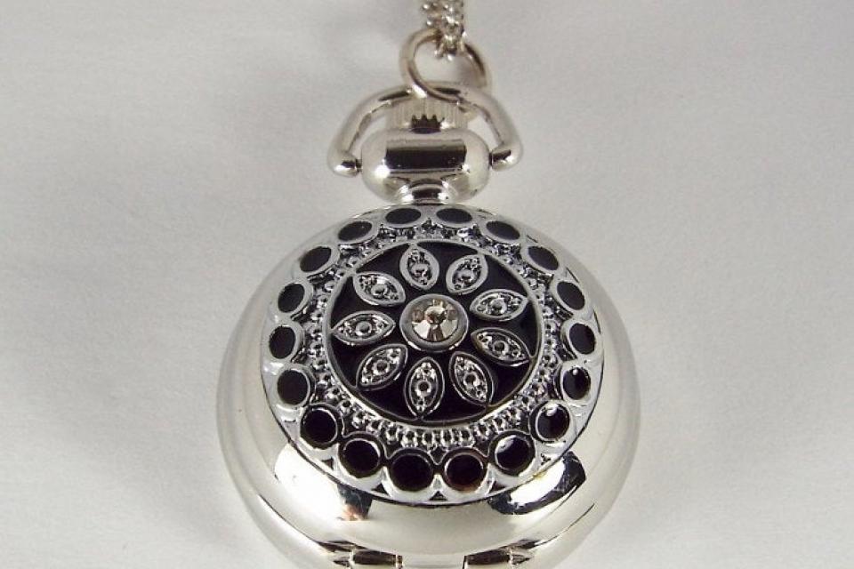 Personalized Pendant Watch Custom Engraved Necklace Watch Black Enamel and Crystals  - Hand Engraved