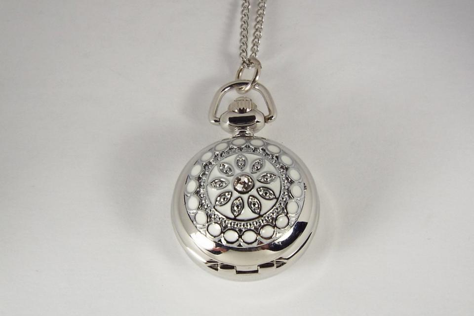 Personalized Pendant Watch Custom Engraved Necklace Watch White Enamel and Crystals  - Hand Engraved