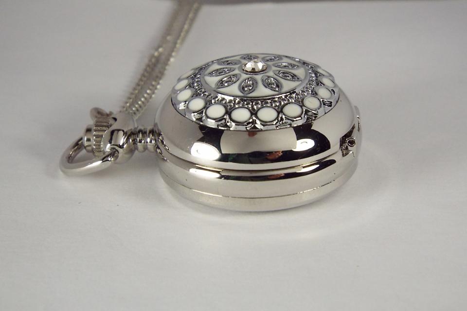 Personalized Pendant Watch Custom Engraved Necklace Watch White Enamel and Crystals - Hand Engraved