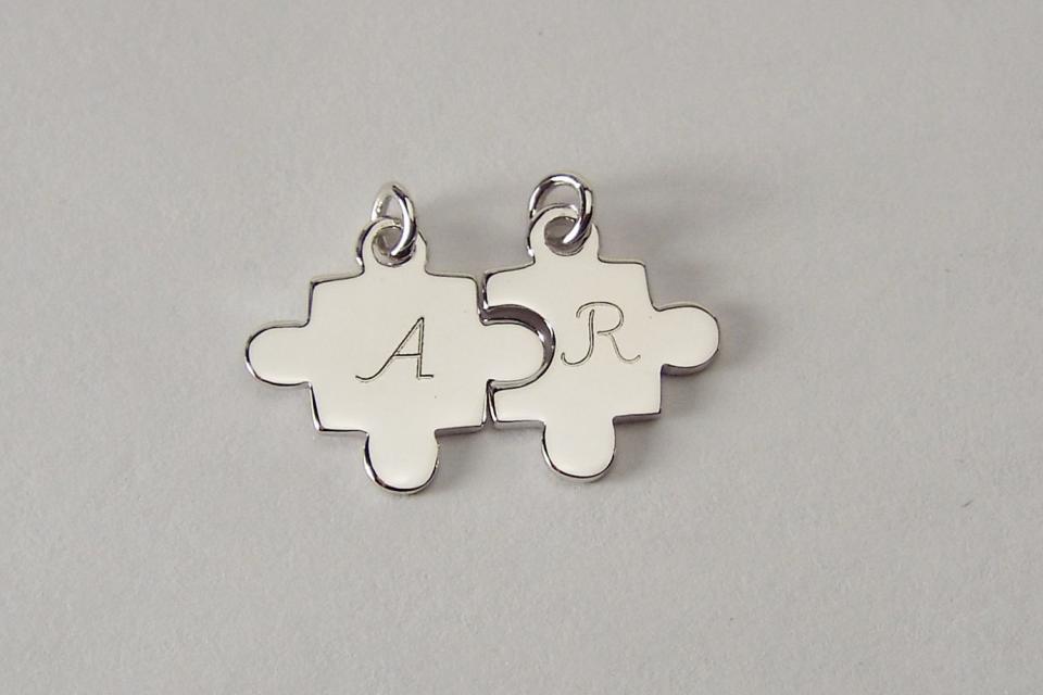 Sterling Silver Puzzle Pieces Set of Two Personalized Custom Engraved Petite Charms- Hand Engraved