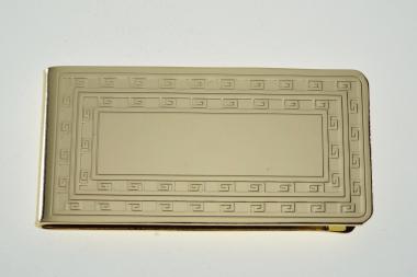 Custom Engraved Money Clip Personalized Gold Tone with Greek Key Design  -Hand Engraved