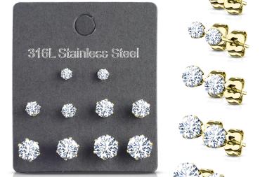 Yellow Gold Plated Stainless Steel Prong Set CZ Stud Earrings - Five Pair