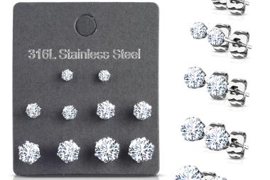 Stainless Steel Prong Set CZ Stud Earrings - Five Pair