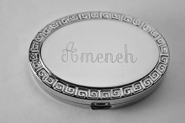 Custom Engraved Pill Box Personalized Silver Oval with Greek Key Design Mirror and Removable Divider  -Hand Engraved