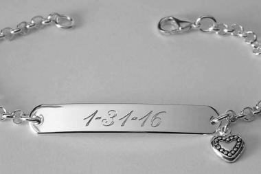 Custom Engraved Personalized Silver Plated ID Bracelet with Heart Charm  - Hand Engraved