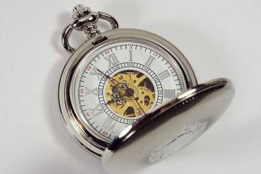 Pocket Watch Custom Engraved Mechanical Wind Up Pocket Watch with Front Shield and Skeleton Back and Dial - Hand Engraved