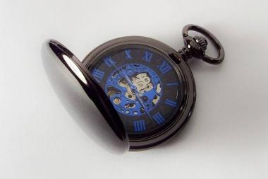 Pocket Watch Custom Engraved Personalized Gloss Black Mechanical Wind Up Watch with Blue Numbers and Skeleton Dial - Hand Engraved