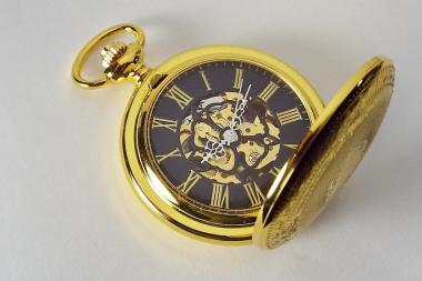 Pocket Watch Custom Engraved Gold Tone Mechanical Wind Up Pocket Watch with Front Shield and Skeleton Back - Hand Engraved