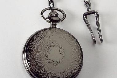 Pocket Watch Custom Engraved Black Mechanical Wind Up Pocket Watch with Front Shield and Skeleton Back - Hand Engraved