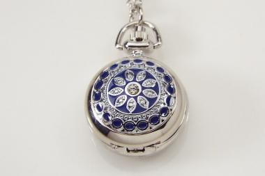 Personalized Pendant Watch Custom Engraved Necklace Watch Blue Enamel and Crystals  - Hand Engraved