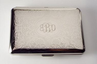 Custom Engraved Personalized Business Card Case or Kings Cigarette Case Double Sided Scroll Design  -Hand Engraved